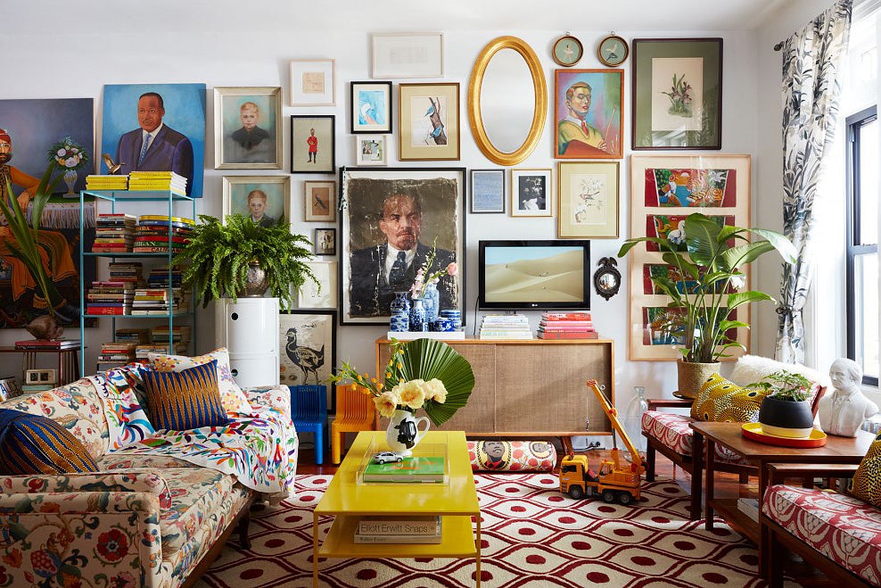 Colorful living room with gallery wall
