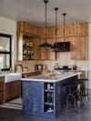 blue and wood rustic kitchen