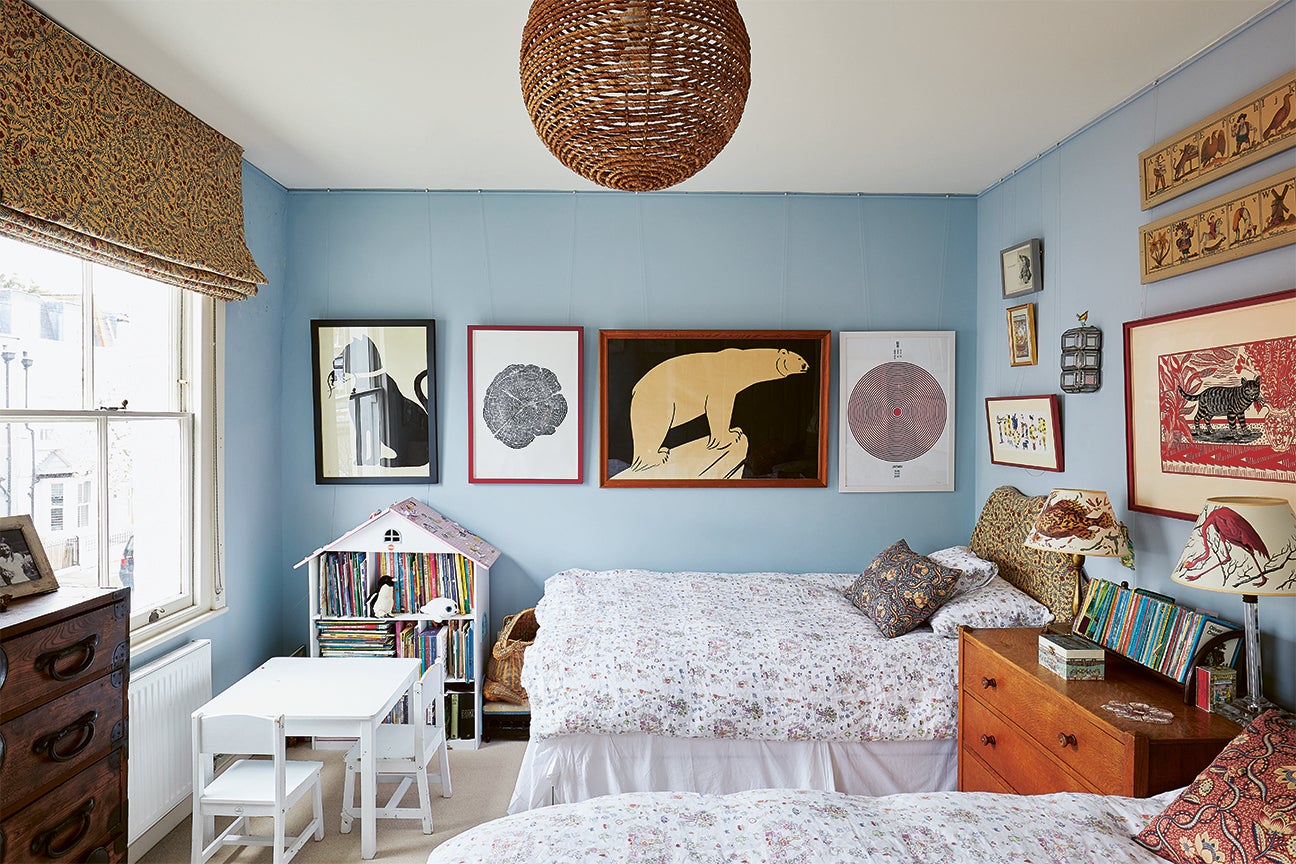 blue kids room with double beds