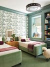 Kids room with twin beds and Scalamandre Raphael tree wallpaper designed by Summer Thornton for a Chicago Co-op residence