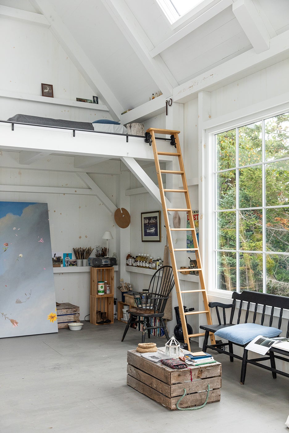 ladder leading to lofted bed