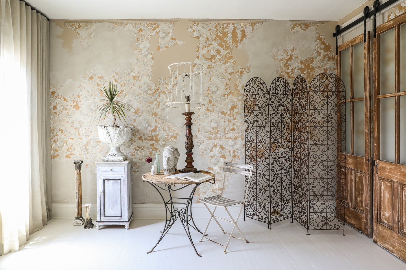 brown and silver antique wallpaper dining room