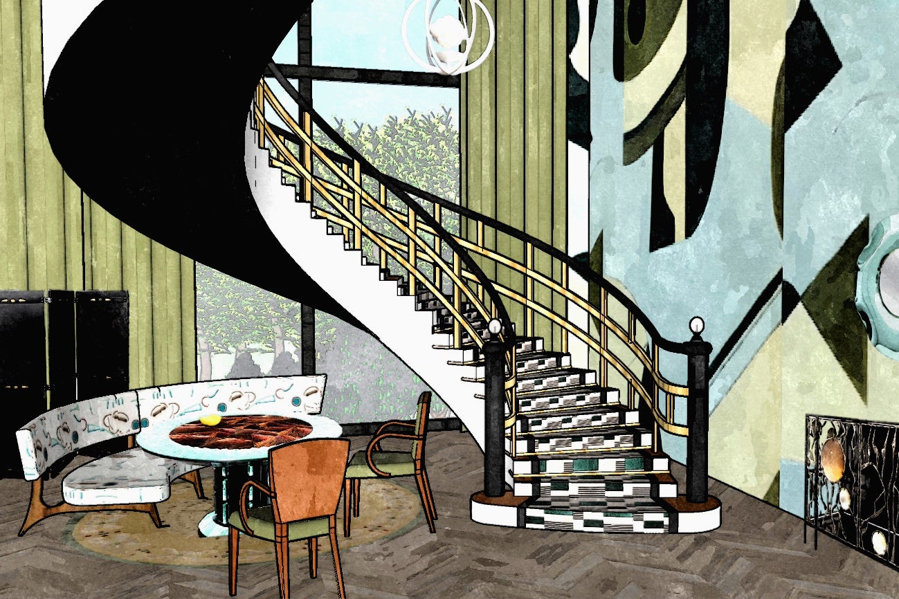 grant staircase with blue mural and dining area