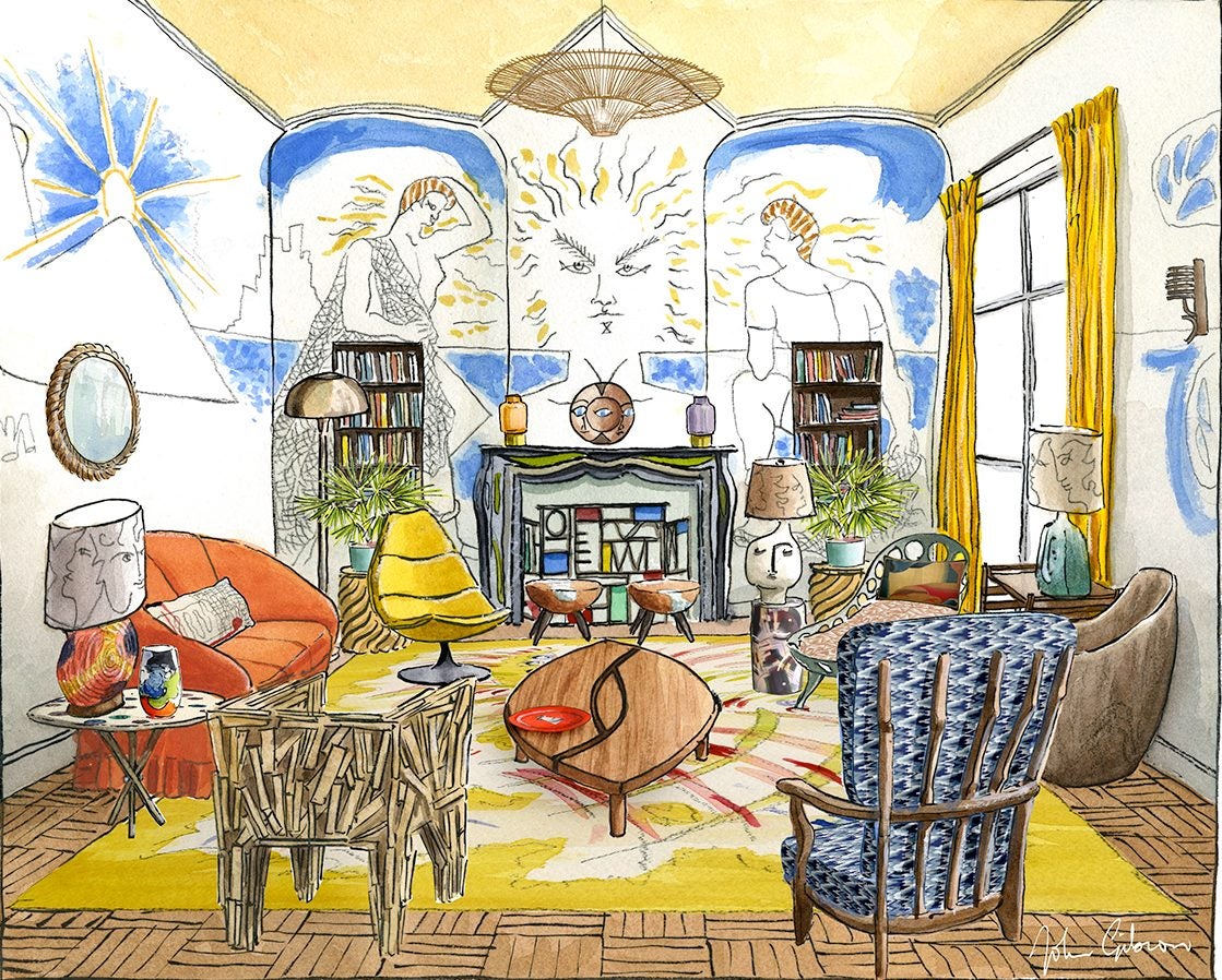 yellow living room sketch with wall mural