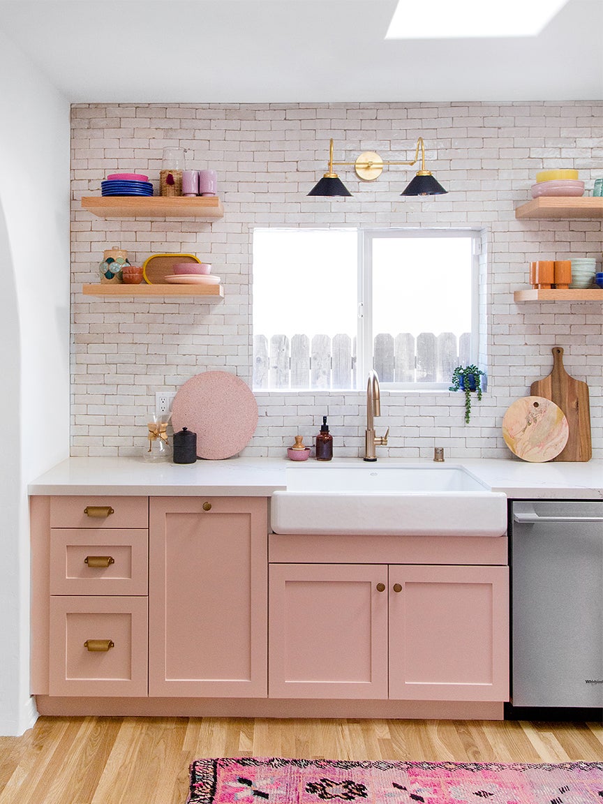 pink kitchen cabinets white zellige tile backsplash