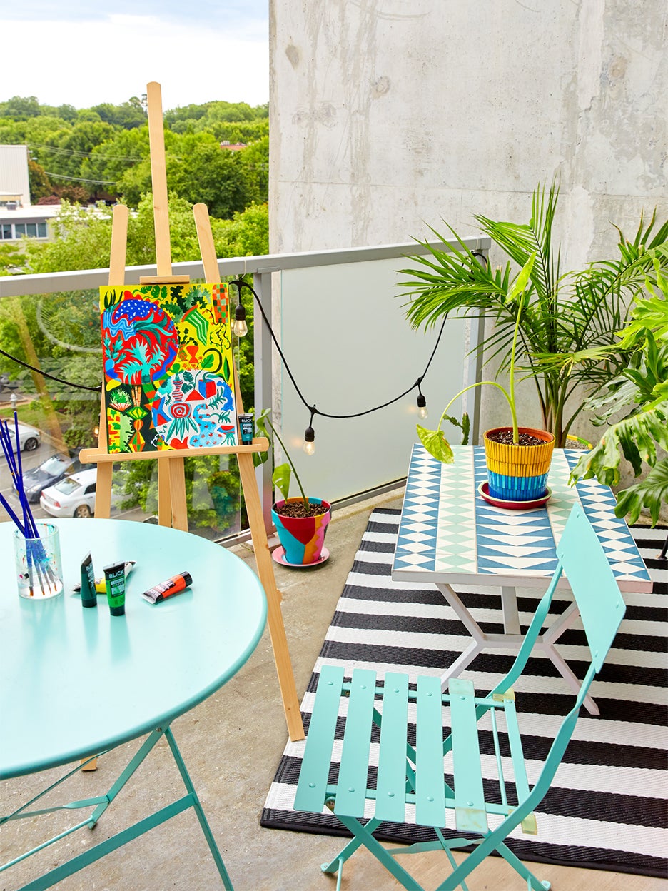 Colorful balcony with easel