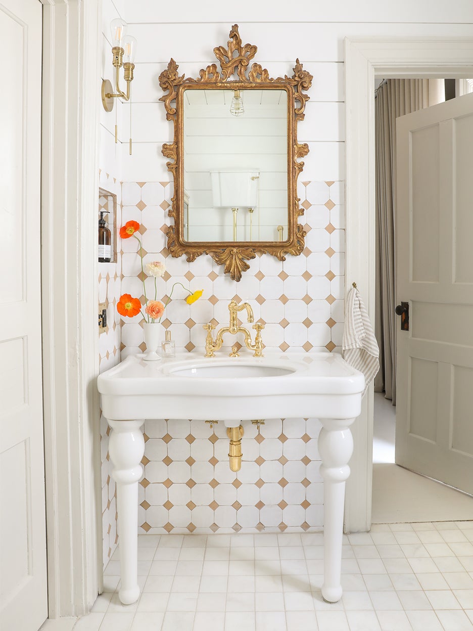 white tile vintage gilded mirror bathroom