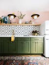 pink and green kitchen with shaker cabinets