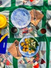 Picnic spread on quilt