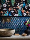 iridescent tile backsplash chinoiserie wallpaper behind sink