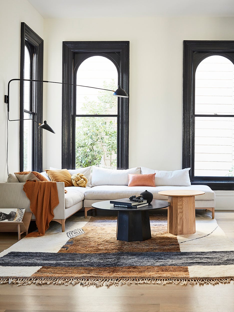 modern living room with black trim windows