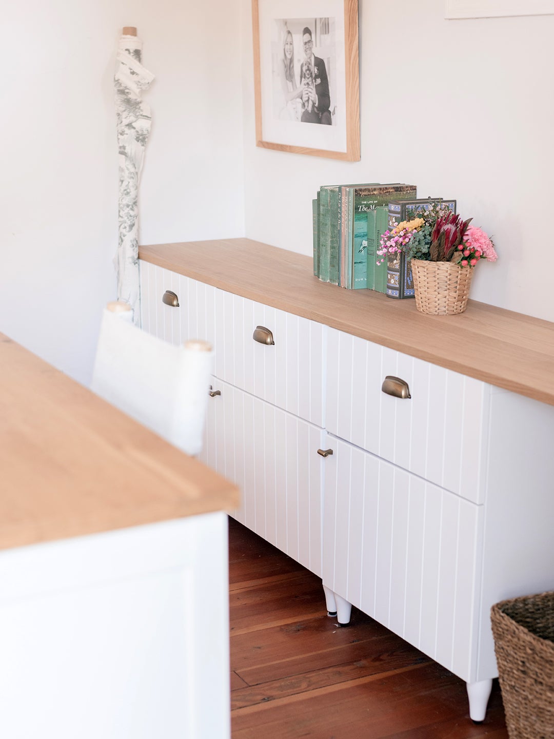 white cabinets with wood worktop