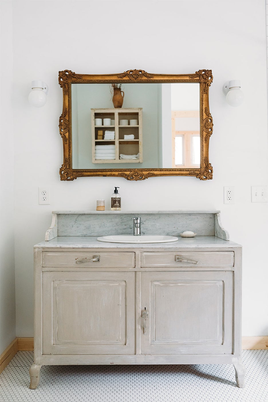 gray dresser turned into bathroom vanity