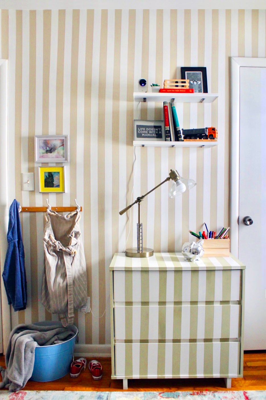 Striped kids room with dresser