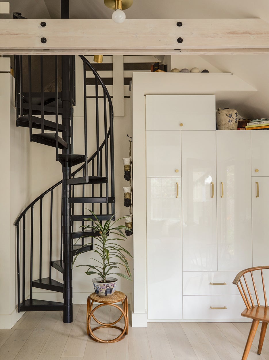 Storage cabinets and spiral staircase