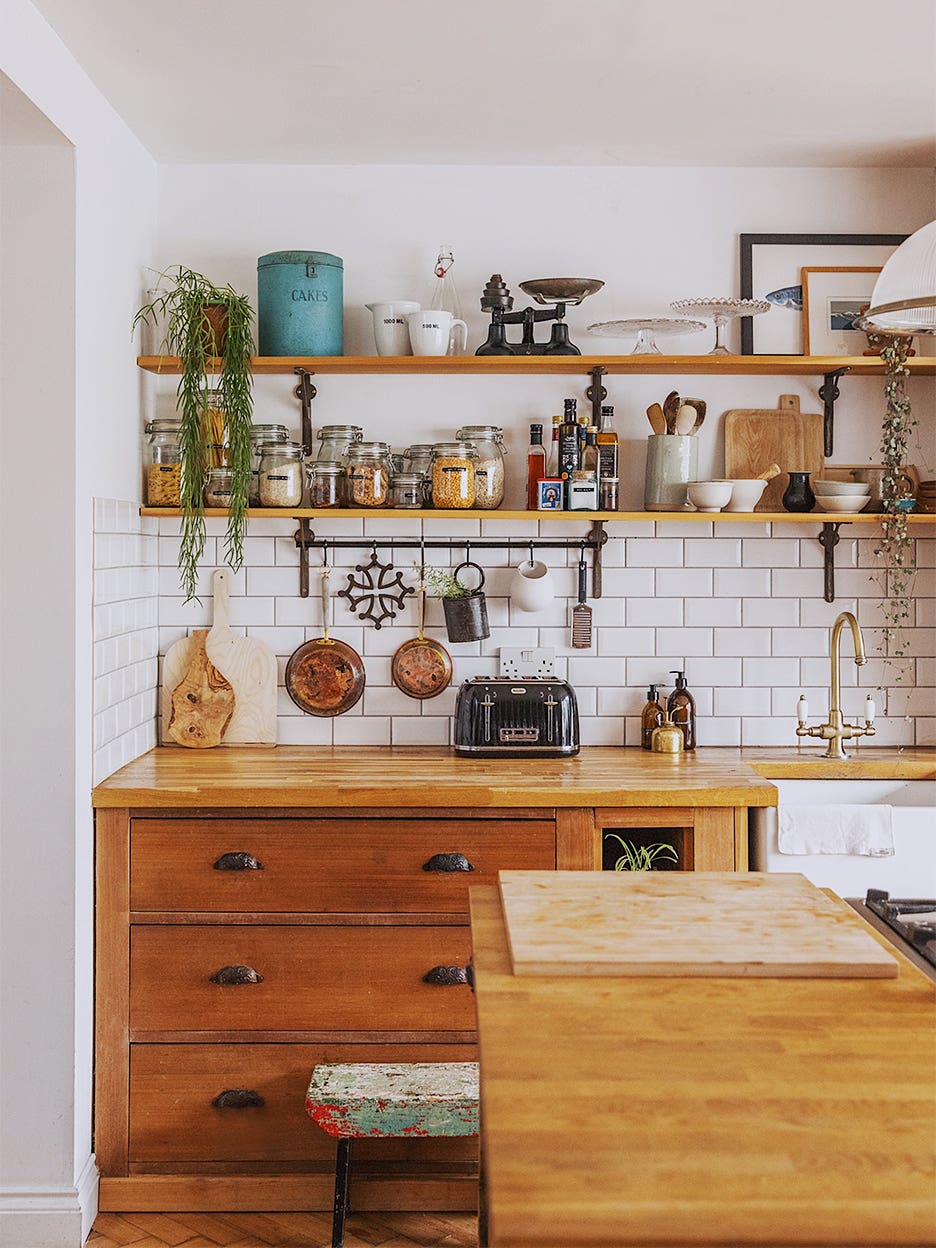 antique wood kitchen with subway tiles
