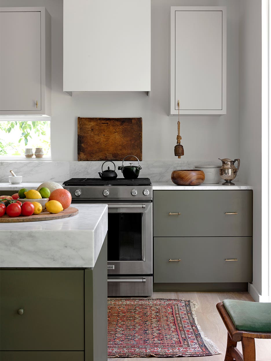 Kitchen with muddy green cabinets