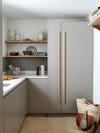 modern grey kitchen with wood open shelving