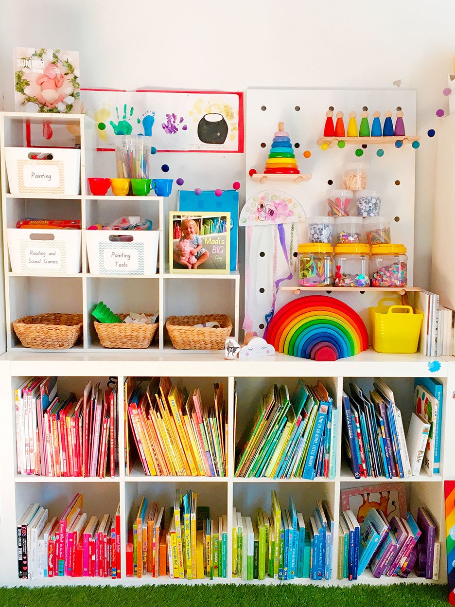 rainbow book nook with lots of storage