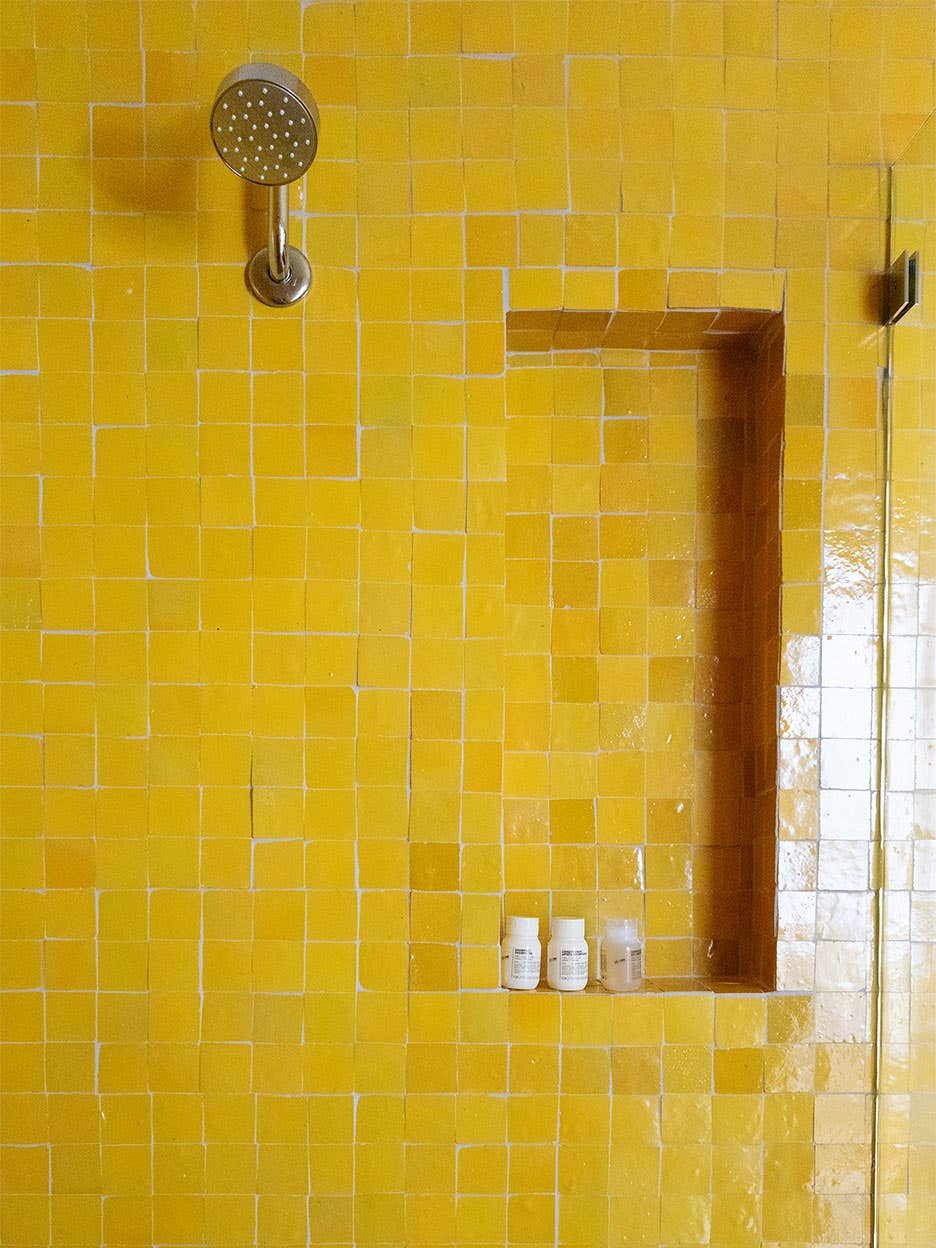 yellow zellige tile shower nook