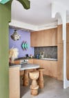 Lilac, wood and concrete kitchen