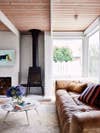 Midcentury wood stove in living room