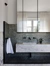 bathroom with grey mosaic tile backsplash