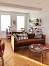Living room with rust velvet sofa