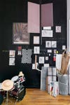 black office wall with pinned-up inspiration