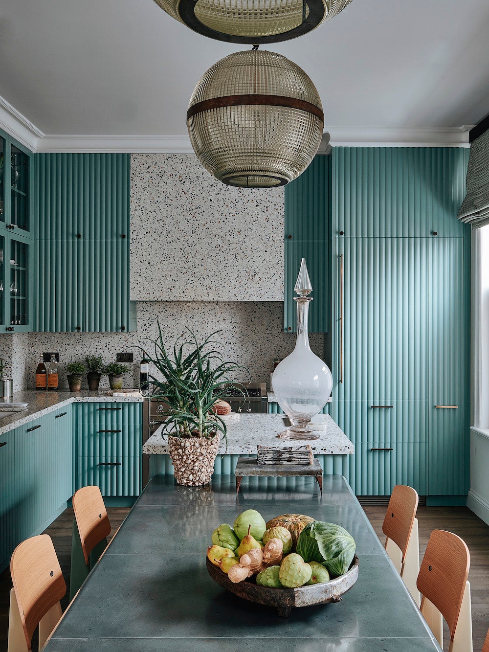 blue ribbed kitchen cabients