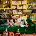 fathers and son on green velvet sofa