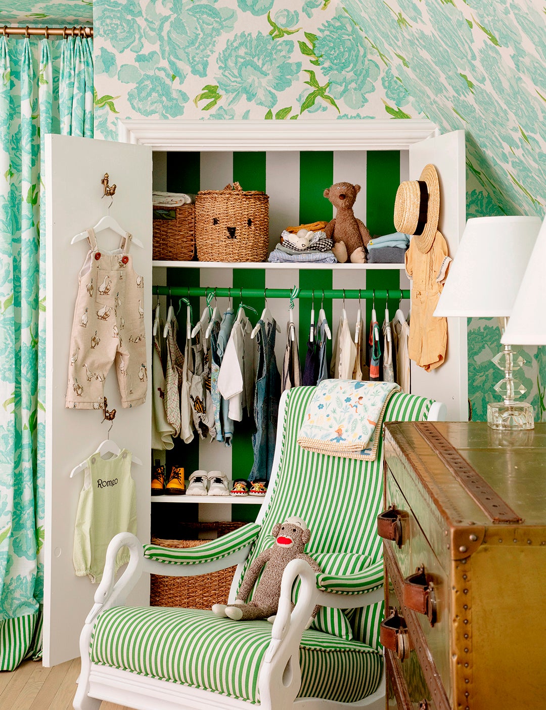 green striped nursery closet