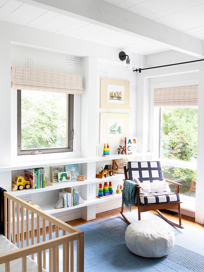 Post and beam nursery with wall shelves