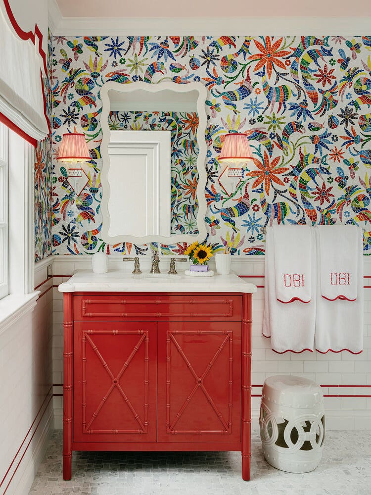 Red kids bathroom with otomi tile