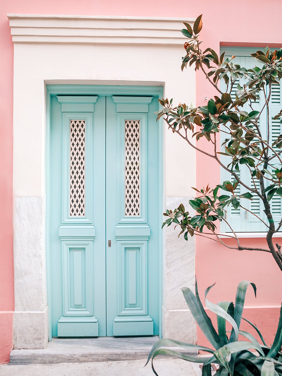 pink exterior and blue door