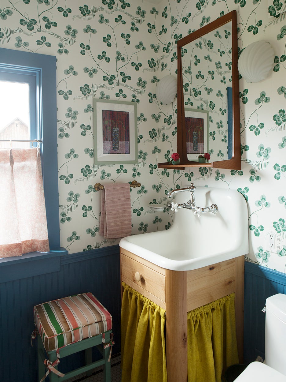 Josef Frank wallpaper in blue bathroom
