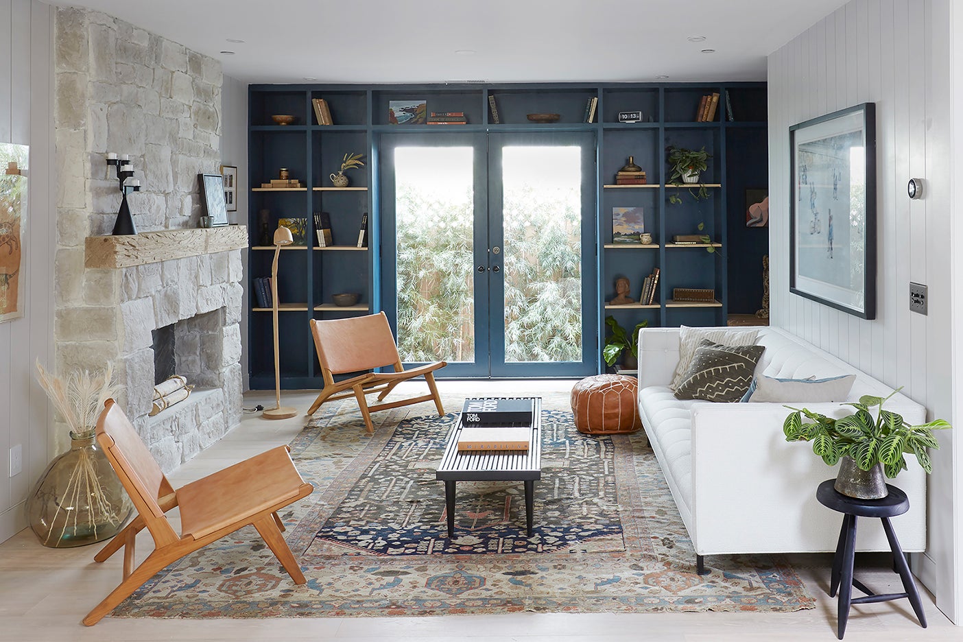 cozy blue and gray farmhouse living room 
