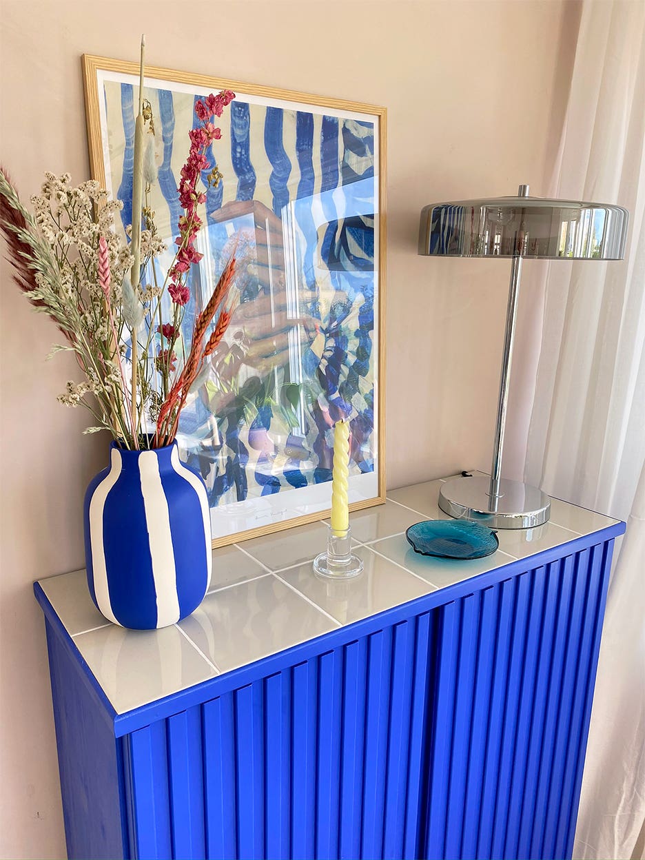 Electric Blue Paint and Neutral Tiles Transformed This IKEA Cabinet