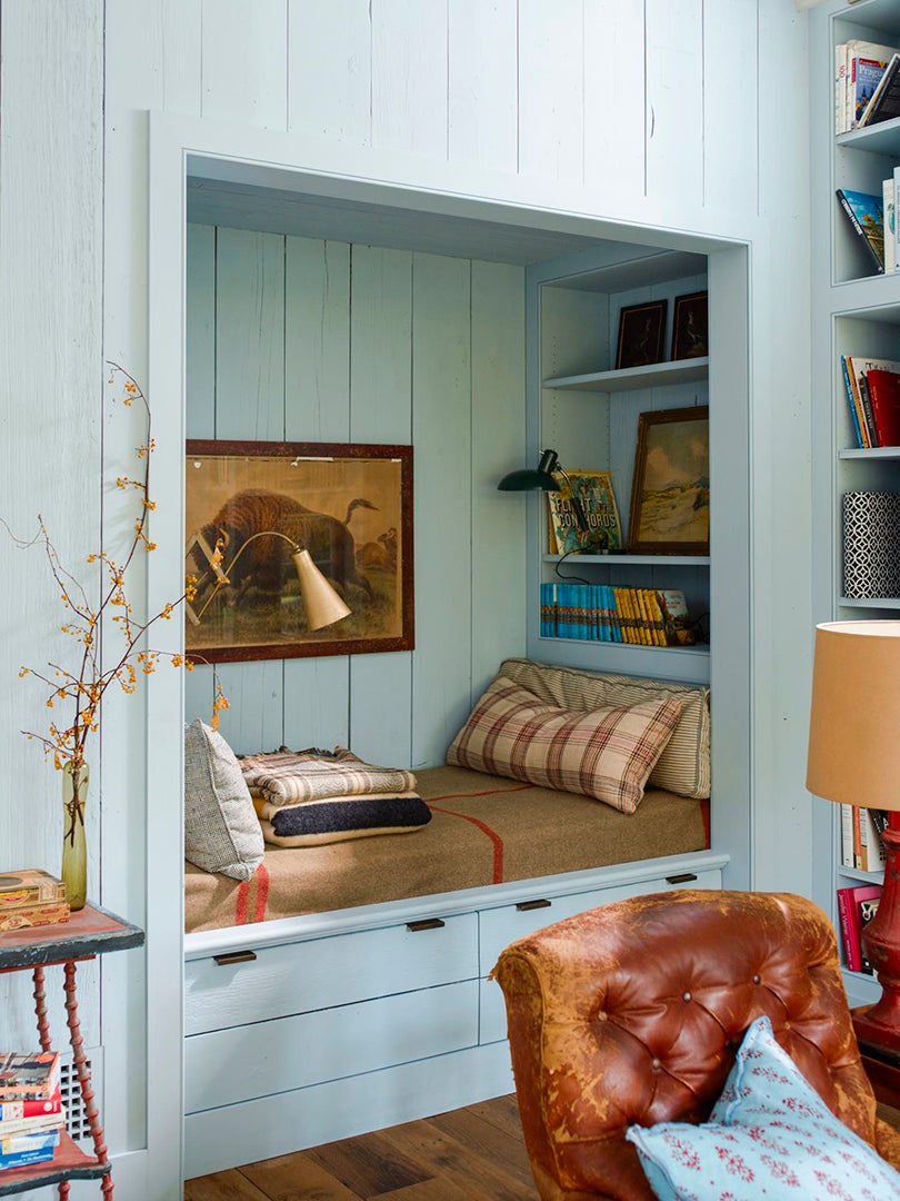 Reading nook painted in duck egg blue