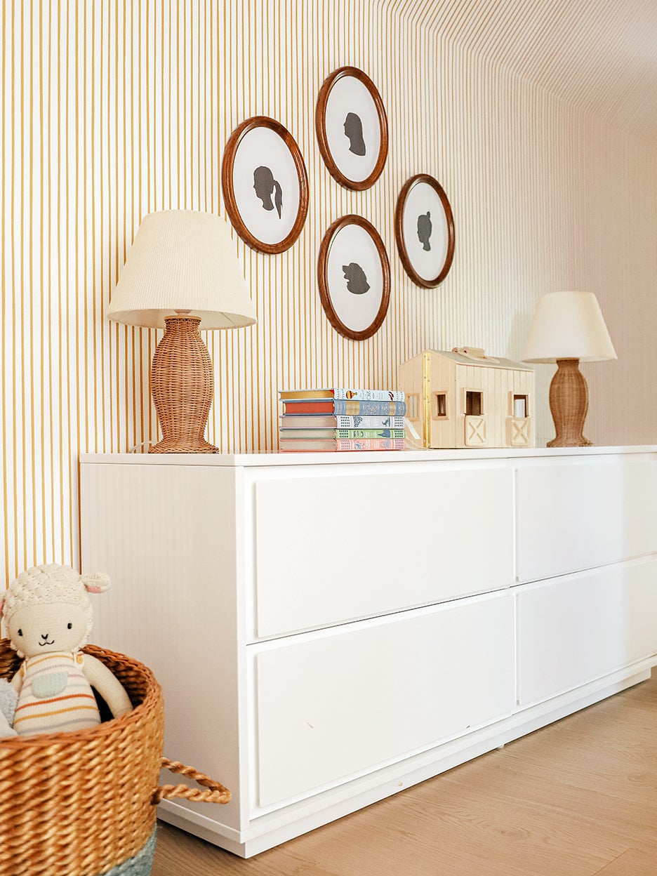 Yellow playroom with striped wallpaper