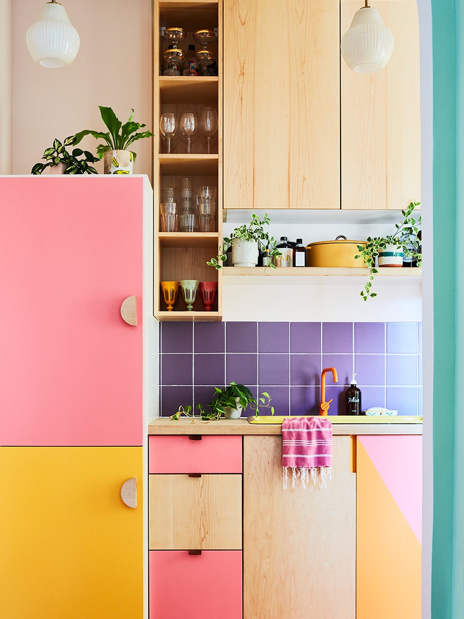 pink, yellow, and purple kitchen