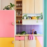 pink, yellow, and purple kitchen