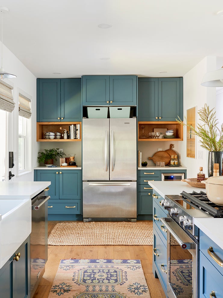 Blue-green kitchen cabinets