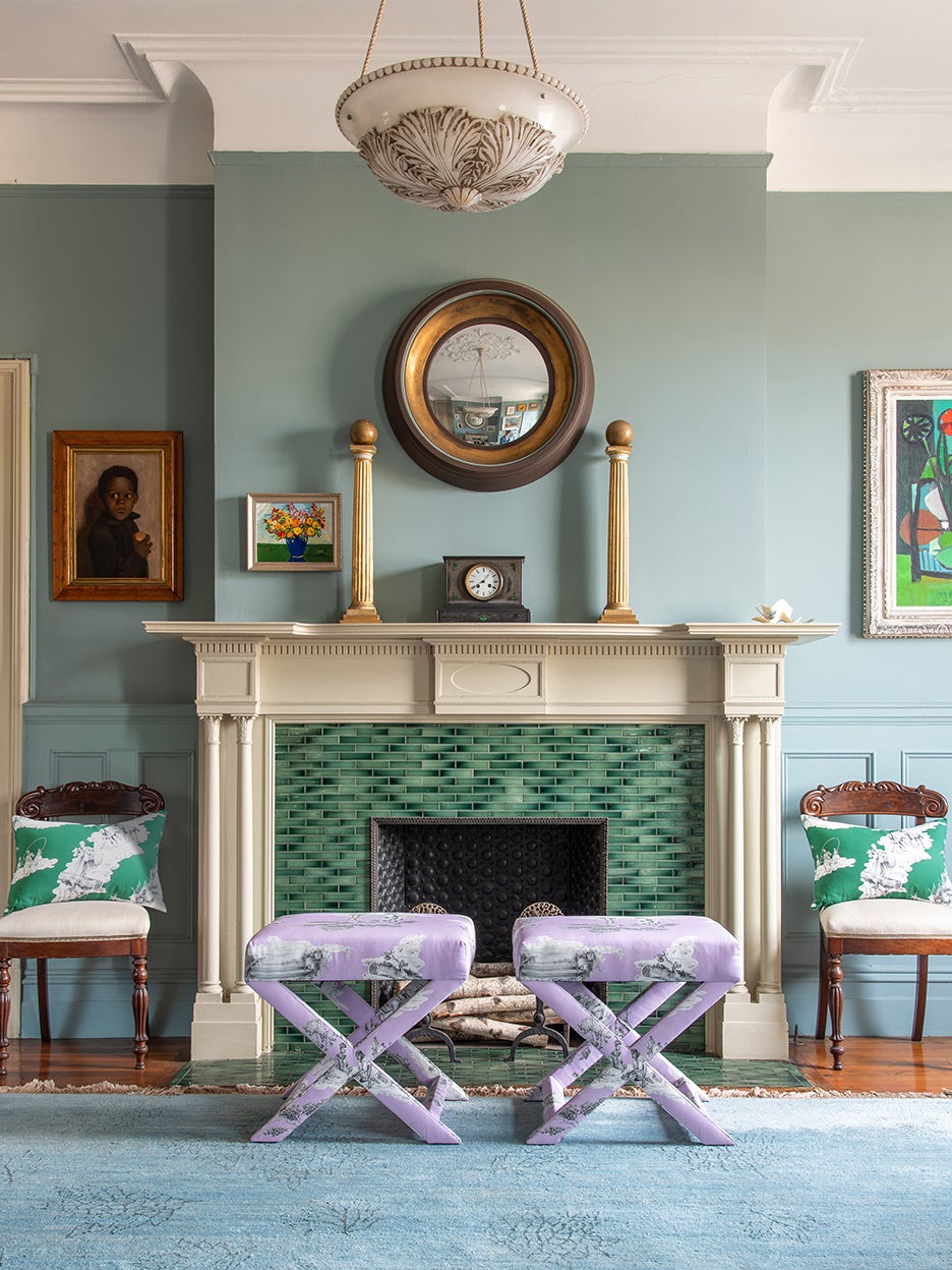 Fireplace with Harlem Toile x-stools