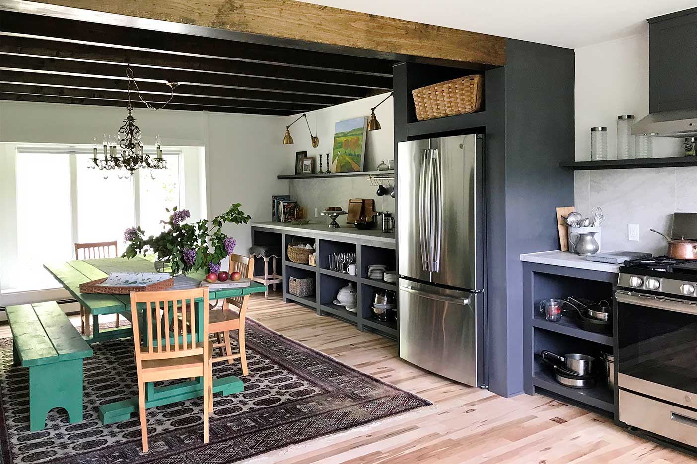 salvaged kitchen with gray cainbets