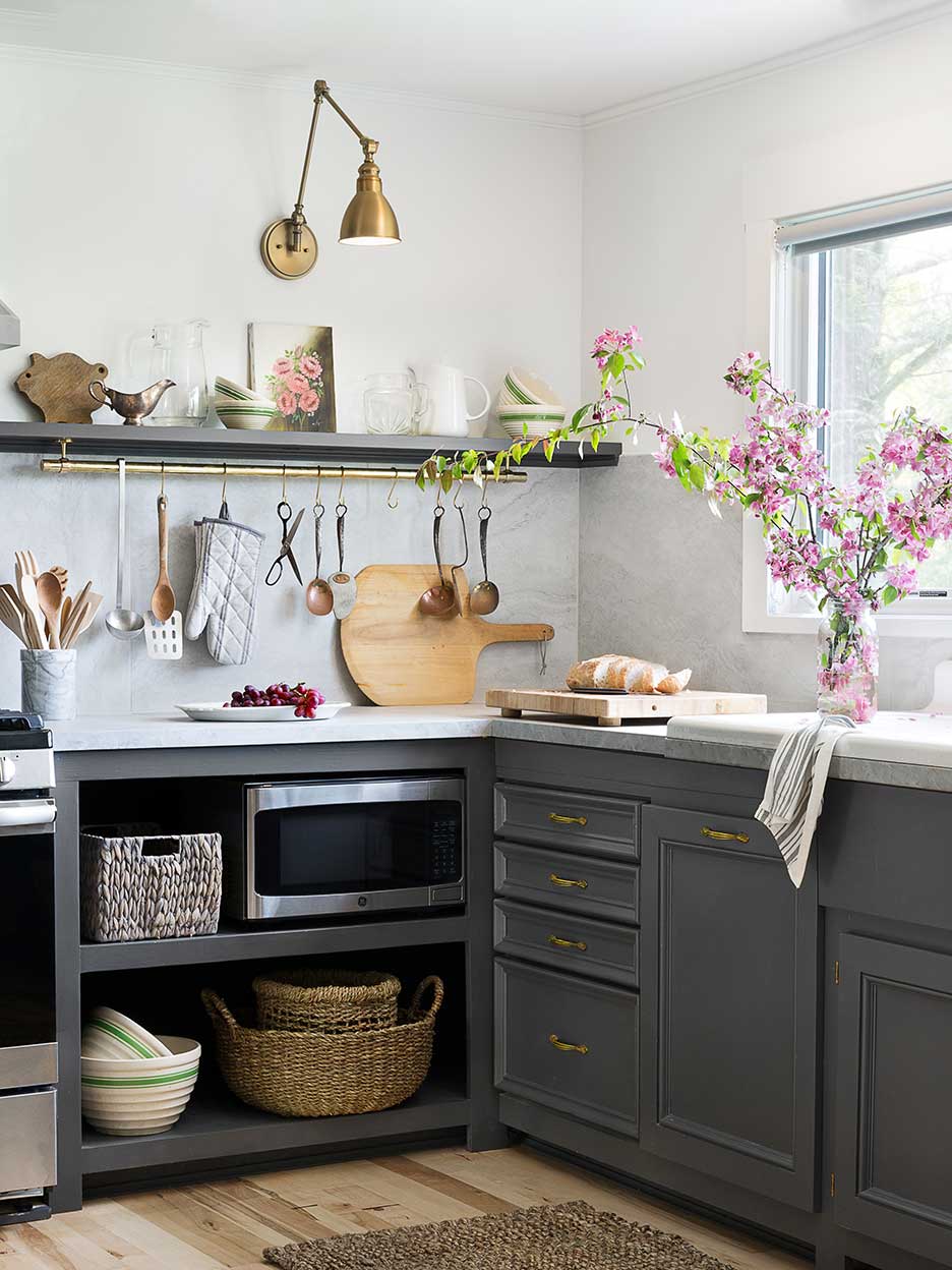 salvaged kitchen with gray cainbets