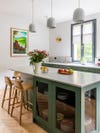 Kitchen Island Cabinets sage green and glass