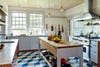 Kitchen Island Cabinets - geometric tile floor with open shelving