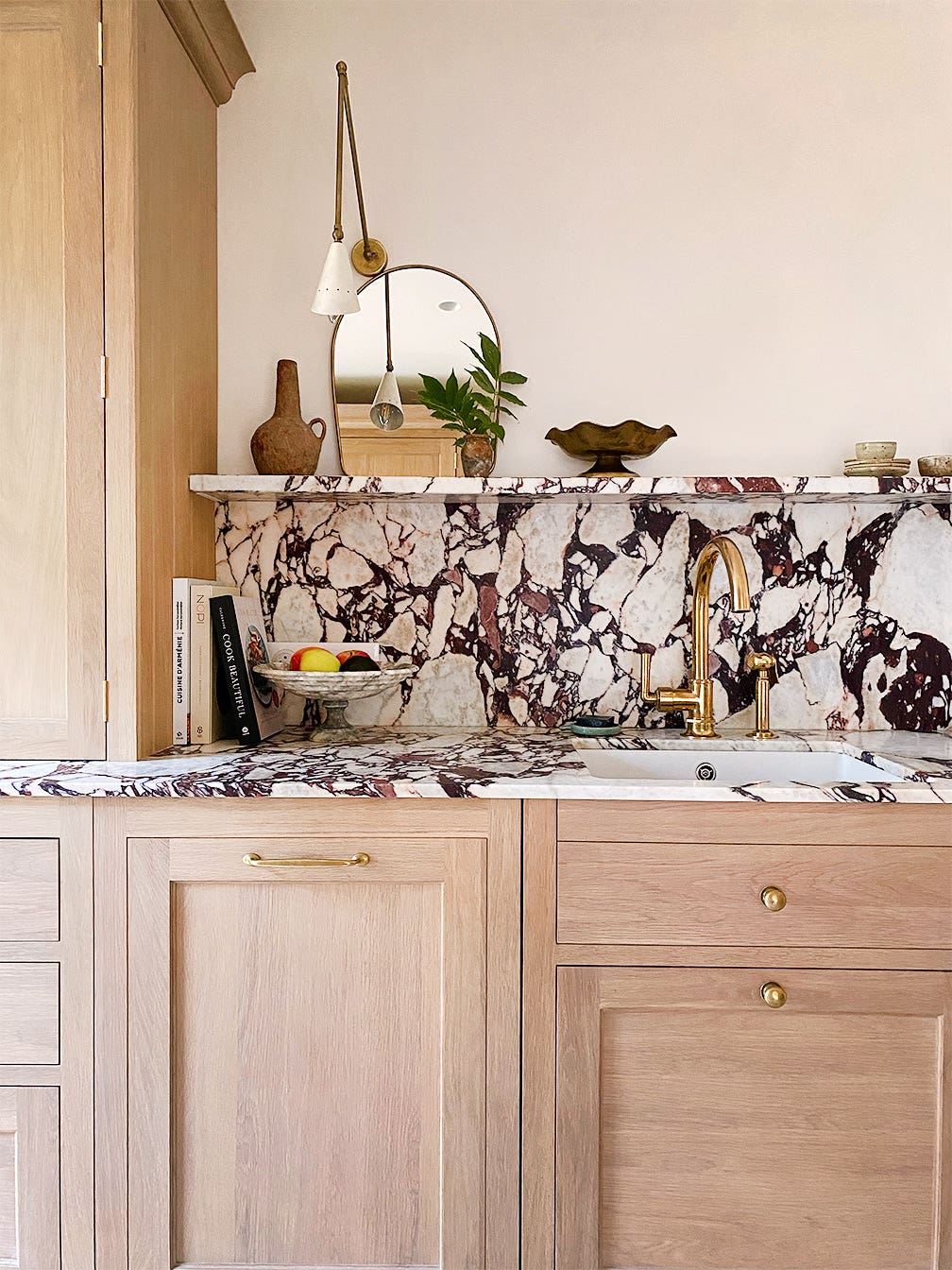 Purple marble backsplash in kitchen