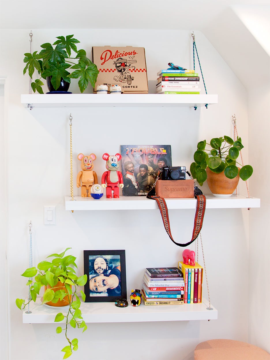 floating shelves topped with plants